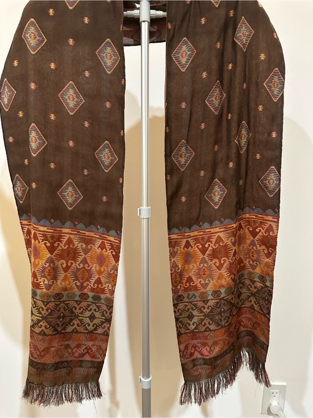 Southwestern Aztec Boho Woven Fringe Shawl Scarf Wrap Brown Rust Teal